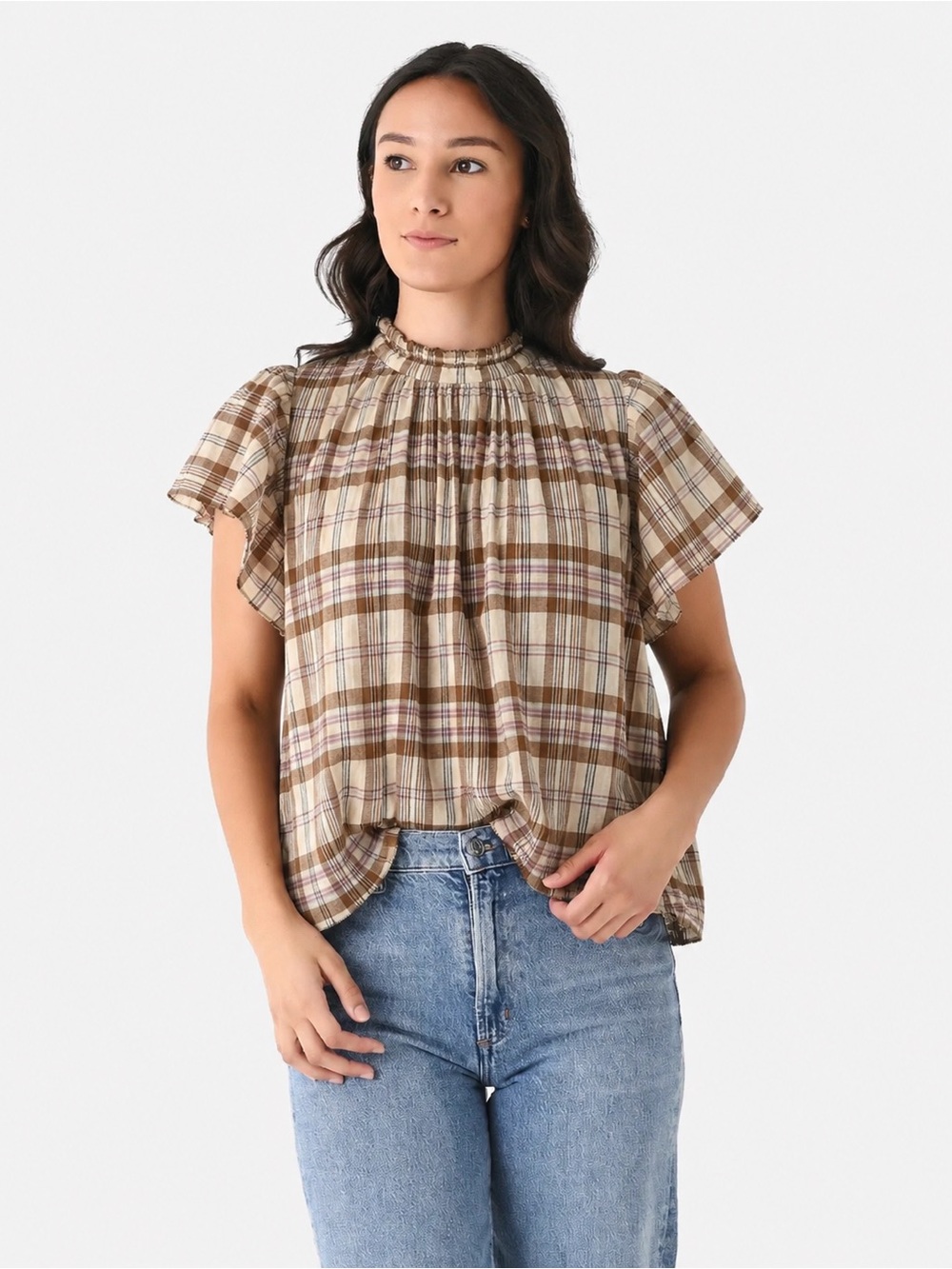 Trovata Birds of Paradis Carla high neck plaid shirt